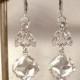 Vintage Art Deco Rhinestone Silver Leaf Bridal Dangle Earrings, 1920s Clear Pave Crystal Drop Earrings, Great Gatsby Flapper Jewelry Downton