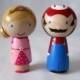 Super Mario Princess Peach a Video game romance Kokeshi Peg Doll Couple Wedding Cake topper or Ornament