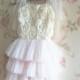 Vintage Inspired White Pink Flower girl Chiffon Rosette Tutu Dress, Birthday Tutu, Party Dress, Dance Recital Tutu