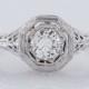 Filigree Engagement Ring Art Deco .47ct Old European Cut Diamond in 18k White Gold