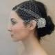 French/Russian bandeau style birdcage veil with two rhinestone flower appliques - Ready to ship in 1 week