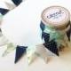 Beachy bunting in Navy, Tan, and Sea glass Mix. fabric Cake Mini Bunting. Wooden Spool of Ribbon for gift wrapping.