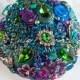 Gold and Green Peacock Wedding brooch bouquet."Tales of Maharajah" Blue, Magenta, Emerald wedding bouquet. Bridal broach bouquet,Ruby Blooms