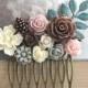 Woodland Hair Comb Nature Brown Floral Wedding Hair Piece Rustic Patina Branch Autumn Fall Pine cones Ivory Cream Roses Dusty Rose Pink