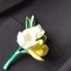Boutonniere, clay boutonniere, white and yellow  freesias, cream rose