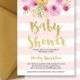 Pink Stripes Baby Shower Invitation Gold Glitter Painterly Watercolor Flowers Baby Girl Modern FREE PRIORITY SHIPPING or DiY Printable- Mady