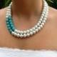 Pearl & Turquoise Statement Necklace, Bracelet and Earring Set - White Bridal Pearl Necklace