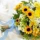 Sunflower wedding Bouquet -Silk bridal blossoms in Sunny Yellows, whites with touches of Blue, burlap and gingham ribbon details, So Sweet.