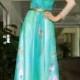 Print Aqua Sheer Long Sleeve Jewel Neckline Long Formal Dresses - LightIndreaming.com