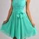 Chiffon Bridesmaid Dress  .Aqua Mint Lace Top Dress.Party Flared gown.