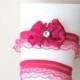 Free ship-LUX Hot Pink Prom Garter, Wedding Garter Set, Wedding Keepsake Bridal Accessories, Hot Pink Lace Garter, Rhinestone Garter Belt