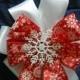 Winter Wedding/ pew bow/ Holiday DecorationRed and white snowflake bow set on white satin with snowflake center