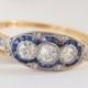 Fabulous Art Deco Vintage Engagement Ring. 3 Old European Diamonds with Baguette Sapphire Halo and Ornate Shoulder Engraving. Ring Heaven!