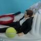 Wedding Cake Topper Tennis Player Ball Racquet Sports Groom Themed w/ Bridal Garter Bride Athlete Hobby Athletic Sporty Humorous Funny Top