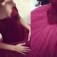Raspberry colored lace bodice tulle ball gown prom dress