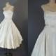 Vintage 1950s Ivory Satin Dress with Metallic Embroidery Princess Cut  Fitted Bodice with Full Skirt - 34 bust, wedding, bride, party