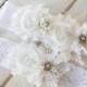White Bridal Garter Set with Shabby Chiffon Flowers, Pearls and Rhinestone Brooch
