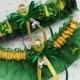 Green n Yellow JOHN DEERE fabric handmade into wedding garters - garter set w/3D silver tractor charms - size xs s m l xl xxl