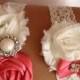 Pink Coral Wedding Garter Set-Coral and Ivory Garter Set Rhinestone Detail...