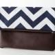 Navy Chevron Clutch Purse with Brown Faux Leather, Bridesmaid Gift, iPad Mini Case