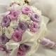 Exquisite Lavender Pink Wedding Bouquet Roses Bow Knot Wedding Flowers Satin Ribbon Bridal Bouquet with Pearls Jewels Beads Rhinestones