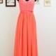 Coral Long Lace Bridesmaid Dress A-line Chiffon Dress With cap sleeves and full back Prom Dress