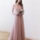 Blush maxi tulle gown with long sleeves , Pink blush bridesmaids maxi gown