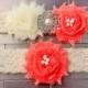 Garter - Coral Pink Wedding Garter Set, Ivory Lace Garter w/ Flowers, Pearl wedding garder, Coral wedding, bridal garder, Coral bridesmaids