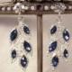 Art Deco Sapphire Earrings, Rhinestone Leaf Navy Blue Bridal Dangle Earrings Silver Drop Flapper Earrings 1920 Gatsby Wedding Vintage