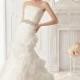 Attractive Organza Satin Sheath Strapless Neckline Natural Waist Ruched Wedding Dress With Beadings and Handmade Flowers