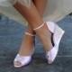 Wedding shoes wedge sandals peep toe high heels bridal shoes embellished with floral ivory Venice lace and large crystal brooch