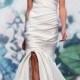 Luxury White Faille Strapless Asymmetric Draped Trumpet Fall Wedding Dress