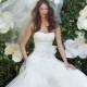 Ivory Washed Organza Strapless A-line Spring Wedding Dress with Lace Bow Ribbon