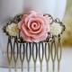 Pink Rose Ivory Daisy Bridal Hair Comb, Ivory and Pink Wedding Hairpiece, Wedding Hair Comb, Antique Brass Filigree Collage Hair Comb