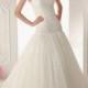 Adorable Tulle & Satin A-line Strapless Neckline Dropped Waist Beaded Wedding Dress With Lace Appliques