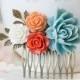 Burnt Orange Tangerine White Ivory Sky Blue Flowers Hair Comb Blue Coral Wedding Bridal Hair Comb Bridesmaid Gift Romantic Country Chic