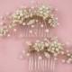 Gold Leaf Pearl Wedding Hair Pieces - Romantic Gold Bridal Hair Combs with Pearls - Nature-inspired Gold Hair Adornment with Leaves (Set)