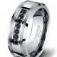 Mens Wedding Band 8mm Tungsten Ring with Black CZ Diamonds Tungsten Carbide Beveled Edge Comfort Fit