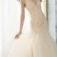 Peach Satin Organza Slim Wedding Dress with Embroidered Elongated Bodic and V-neckline