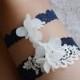 navy blue bridal garter, wedding garter set , something blue garter, white chiffon rose lace garter,toss garter