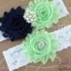 Lace Wedding Garter, Garter, Bridal Garter, Chiffon Navy Blue and Mint Green Garter, Garter Belt, Handmade Garter, Lace Garter Set GTF0044
