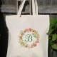 Floral Initial Letter Wreath - Bridesmaid Gift Bags - Welcome Bags for Wedding -You choose letters- Custom Tote Bags