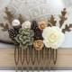Bridal Hair Comb Woodland Wedding Pearl Rustic Nature Inspired Branch Autumn Fall Pine cones Leaves Ivory Cream Roses Khaki Green Brown Rose