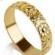 14k Gold flower Wedding Band ring, sunflower wedding ring , vintage women wedding ring, flowers engraving band, botanical texture ring