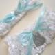 Aqua / Robin's Egg Blue Garter Set in White Venise Lace with Personalized Engraving, a Bow and Rhinestones, Wedding Garters