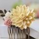 Large Ivory Chrysanthemum Flower Bridal Hair Comb. Ivory Pink Flowers Brass Leaf Collage Hair Comb. Wedding Hairpiece, Ivory Wedding
