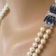 Vintage 2-Strand Pearl and Sapphire Rhinestone Bridal Necklace.