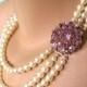 Vintage 3-Strand Pearl and Amethyst/Pink Rhinestone Bridal Necklace