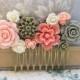 Bridal Hair Comb Pink Peach Rose Cream Rose Khaki Green Floral Collage Country Flower Spring Wedding Hair Accessories