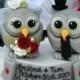 Halloween wedding cake topper - grey owls love birds bride and groom - gothic wedding